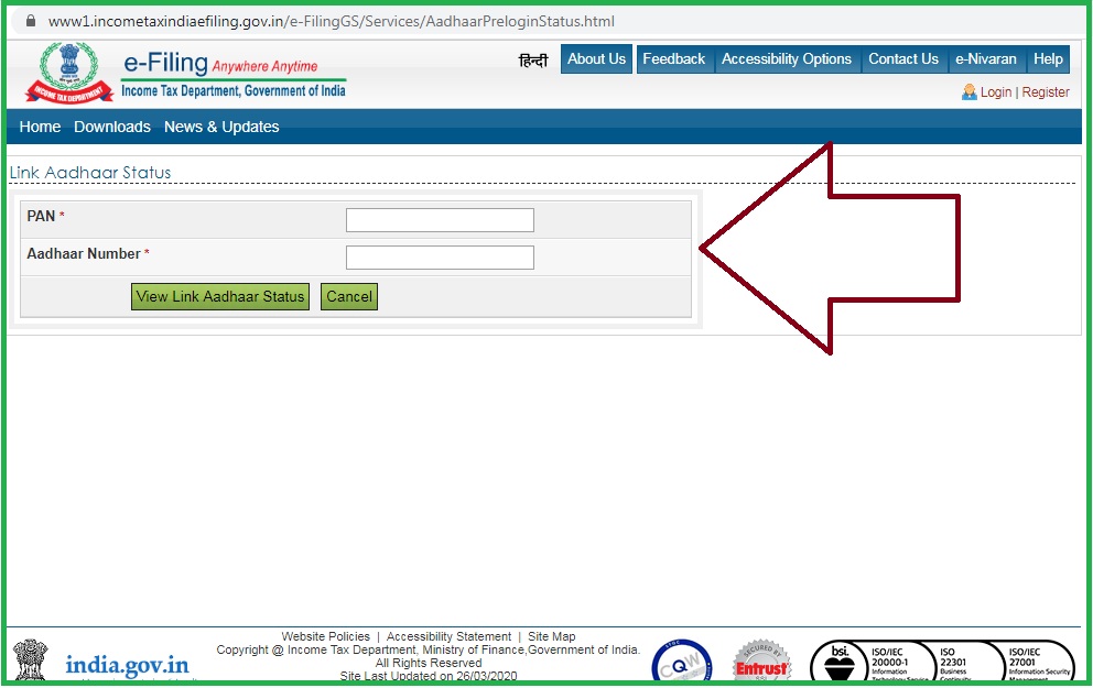 pan aadhar link status check online